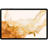 Samsung Galaxy Tab S8+ with 12-inch display, slim black bezel, and abstract gold and beige swirl wallpaper.