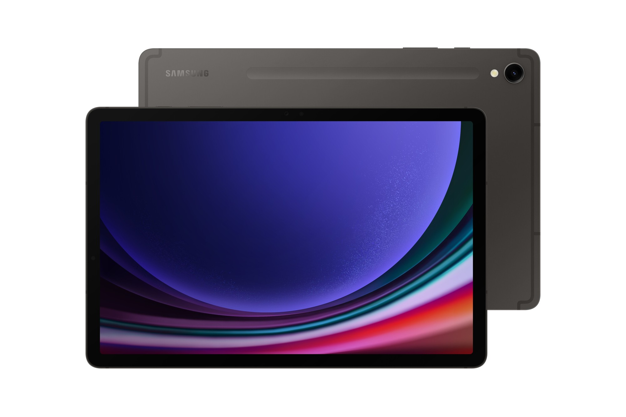 Samsung Galaxy Tab S9 in graphite color with an 11-inch display, featuring a sleek design and vibrant screen, showcasing its Snapdragon processor and 128 GB storage.