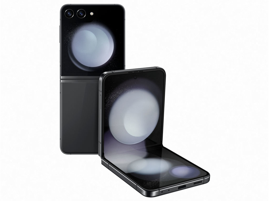 Samsung Galaxy Z Flip5 smartphone in black, featuring a sleek foldable design, glossy finish, dual rear cameras, and a vibrant display with a circular graphic on the screen.