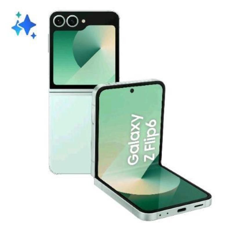 Samsung Galaxy Z Flip6 in mint green, featuring a 6.7-inch foldable display, sleek design, and dual rear cameras, with "Galaxy Z Flip6" prominently displayed on the screen.