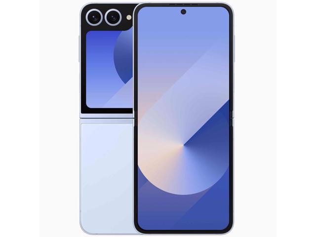 Samsung Galaxy Z Flip6 in light blue, featuring a sleek foldable design, dual rear cameras, and a vibrant display with a centered front camera cutout.