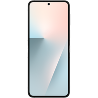 White Samsung Galaxy Z Flip7 FE smartphone, dual SIM, sleek foldable design, 128GB storage, centered front camera.