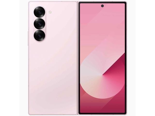 Samsung Galaxy Z Fold6 in a sleek pink finish, featuring a large foldable display and three rear cameras, showcasing a modern design with minimal bezels.