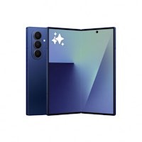 Samsung Galaxy Z Fold7 in navy blue, featuring a sleek design with three rear cameras and a vibrant, foldable display that opens to reveal a large, immersive screen.