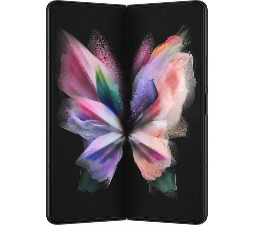 Samsung Galaxy Z Fold3 5G features a vibrant 7.6-inch foldable AMOLED display with a butterfly design, sleek black exterior, and dual SIM capability.