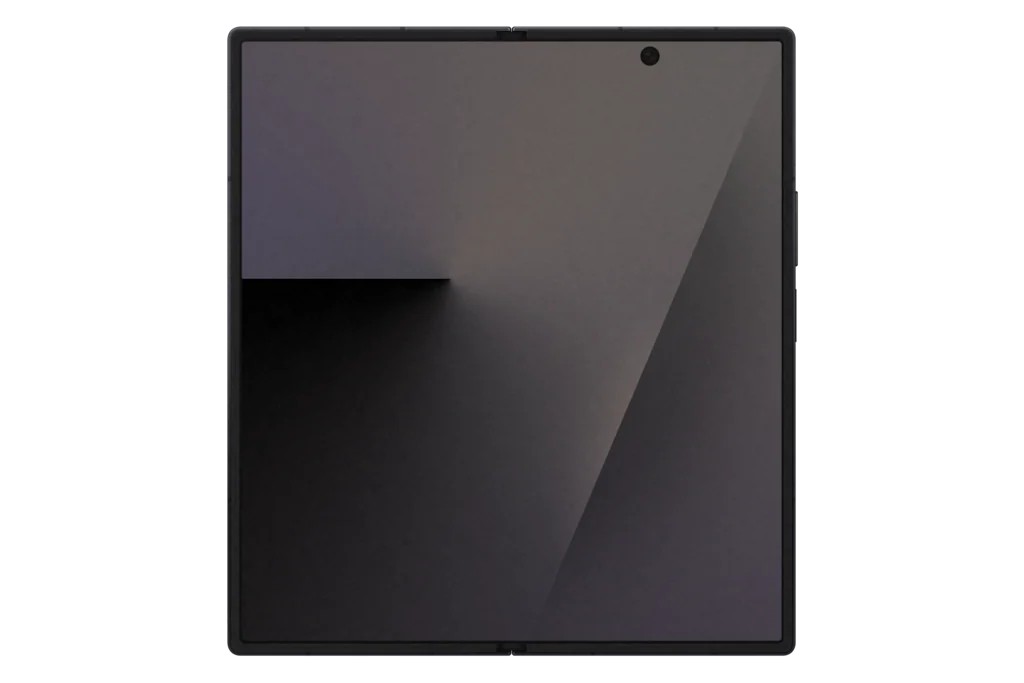 Samsung Galaxy Z Fold7 in Jet Black, featuring a sleek, matte finish, a large foldable display, and a minimalist design with no visible buttons on the front.
