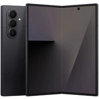 Samsung Galaxy Z Fold7, black, foldable smartphone with triple rear cameras and large inner display.