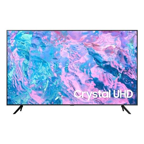 Samsung HCU7000 43" 4K Ultra HD Smart TV in black, featuring a vibrant, colorful display with a "Crystal UHD" label and sleek design on two angled stands.
