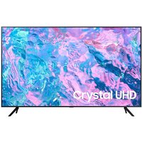 Samsung HCU7000 50" 4K Ultra HD Smart TV, black frame, vibrant display, sleek design, dual stand.