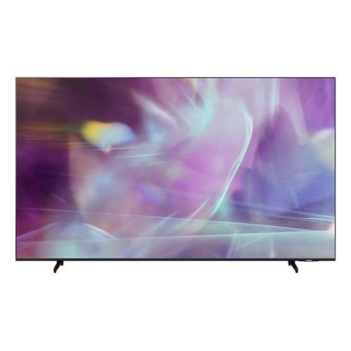 Samsung HG43Q60AAEEXXU 43" 4K Ultra HD Smart TV with a sleek black frame, featuring a vibrant display with abstract colors and minimalistic stand design.