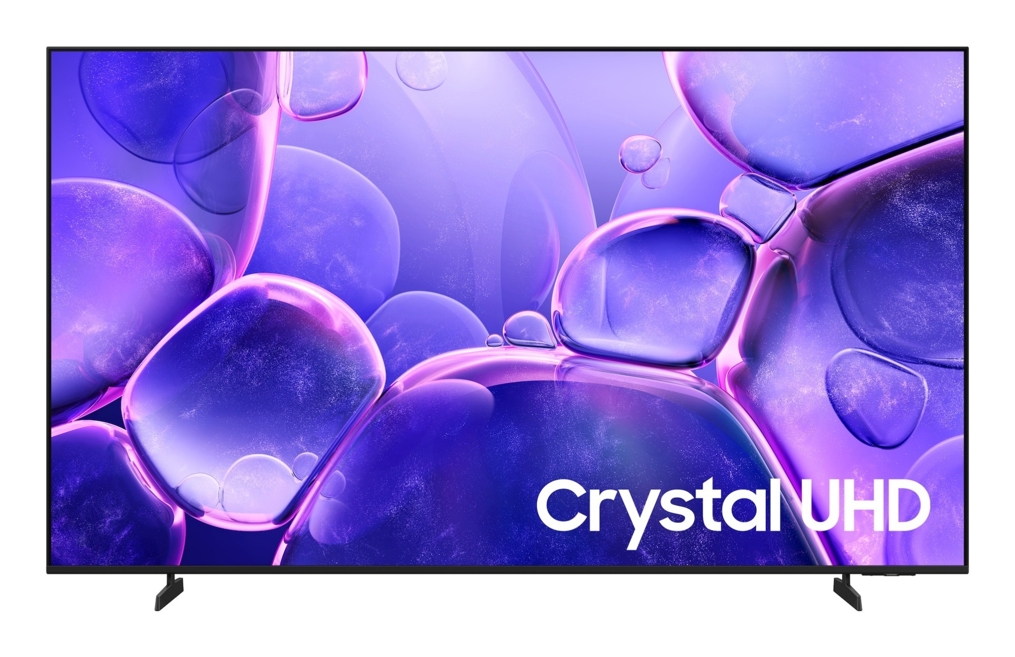 Samsung 75" 4K Ultra HD Smart TV featuring a sleek black frame, vibrant purple and blue abstract display, and "Crystal UHD" branding in white at the bottom right corner.
