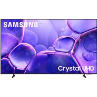 Black Samsung 50" 4K Ultra HD Smart TV with slim bezels and dual stand, displaying vibrant purple abstract screen.