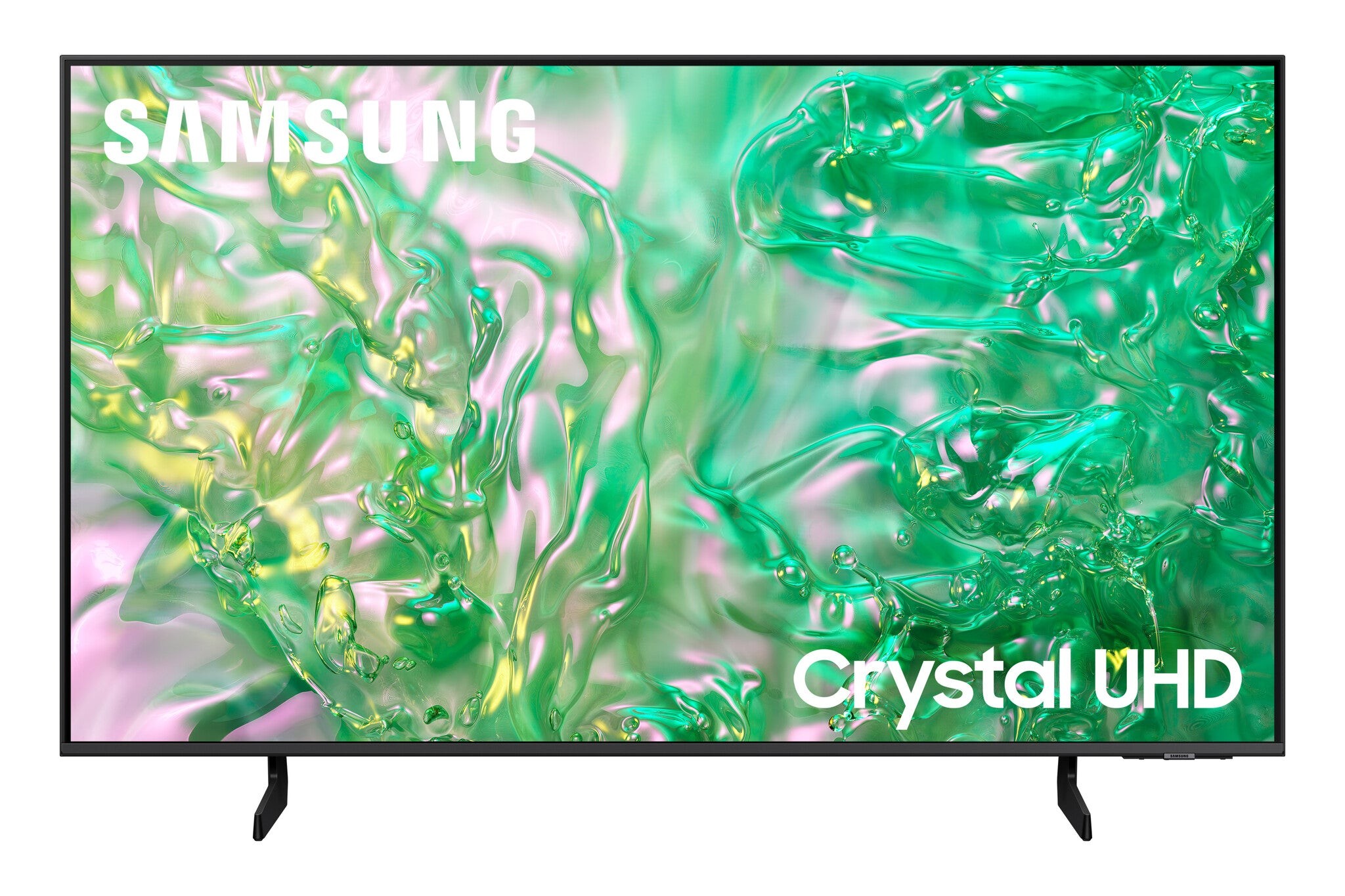 Samsung 50" HU8000F Commercial TV features a sleek black frame, vibrant green and pink abstract display, and "Crystal UHD" branding in white on the lower right corner.