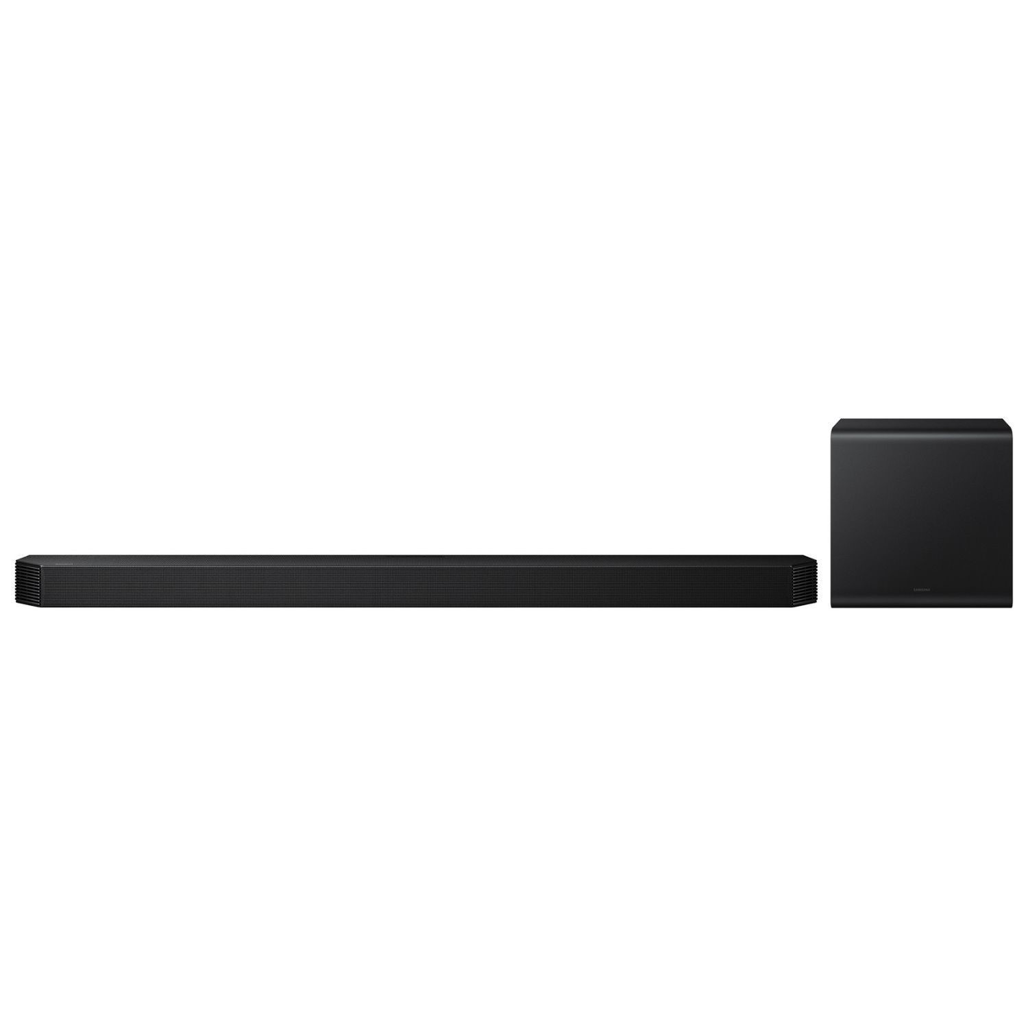 Sleek black Samsung soundbar with a slim profile and a rectangular wireless subwoofer, designed for enhanced audio performance in home entertainment systems.