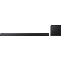 Black Samsung soundbar speaker, 3.1.2 channels, 345 W, sleek design with rectangular subwoofer.