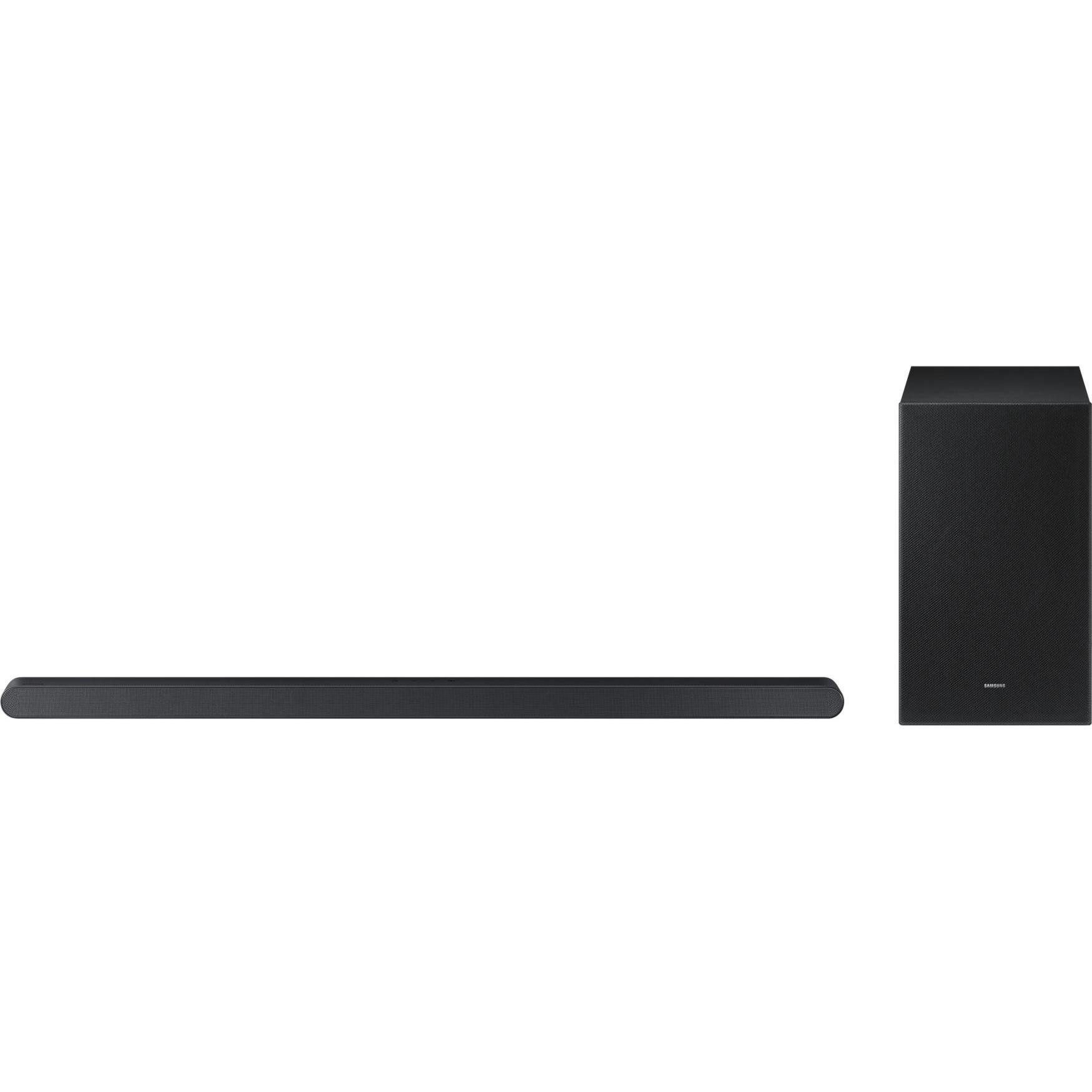 Samsung HW-S700D soundbar in sleek black with a titanium finish, featuring three channels and a separate matching black subwoofer for enhanced audio experience.
