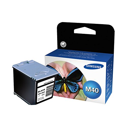 Black Samsung M40 printhead cartridge in a blue and black box, featuring a butterfly graphic, labeled with "Black" and "M40," designed for 750 pages at 4% coverage, 14ml capacity.
