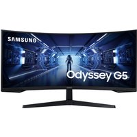 Curved Samsung Odyssey G5 monitor, 34-inch, 3440x1440 resolution, sleek black design with futuristic screen display.