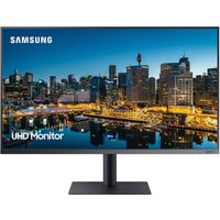 Samsung 32" 4K Ultra HD LED monitor, blue-grey frame, cityscape on screen, sleek stand.