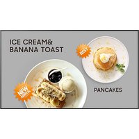 Samsung digital signage display with 81.3" flat panel, showcasing ice cream and banana toast, pancakes on screen.