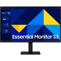 Black Samsung 24" Full HD LCD monitor with slim bezels, rectangular base, displaying geometric blue and yellow graphics.