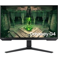 Black Samsung 25" Full HD LCD monitor with slim bezels and T-shaped stand, displaying a green sci-fi scene.