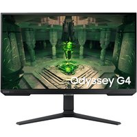 Samsung 27" black monitor with slim bezels, displaying a green sci-fi scene, labeled Odyssey G4.