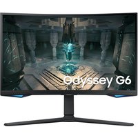 Curved black Samsung 27" monitor, Quad HD 2560x1440, sleek stand, Odyssey G6 branding on screen.