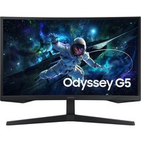 Black Samsung 27" Quad HD LED monitor with thin bezels and curved screen displaying an astronaut in space.