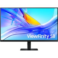 Black Samsung 27" 4K Ultra HD monitor with slim bezels and a rectangular stand, displaying vibrant abstract graphics.