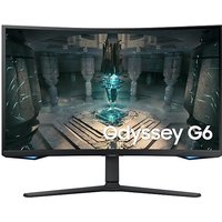 Curved Samsung 32" Quad HD monitor, black with slim bezels and sturdy stand, displaying a futuristic game scene.