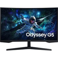Black Samsung 32" Quad HD LED monitor with curved screen and thin bezels displaying space-themed graphic.