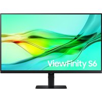 Samsung 32" black monitor with slim bezels, Quad HD 2560x1440 resolution, displaying abstract green and blue waves.