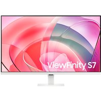 White Samsung 32" 4K Ultra HD LED monitor with slim bezels, displaying abstract pink and purple design.