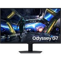 Black Samsung 32" 4K Ultra HD LCD monitor with thin bezels, displaying a sci-fi scene, labeled Odyssey G7.