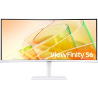 White Samsung 34" curved monitor, ultra-wide 3440x1440 resolution, slim bezel, sleek stand, ViewFinity S6 branding.