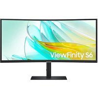 Samsung 34" curved black LED monitor, Wide Quad HD, slim bezels, sleek stand, vibrant display with ViewFinity S6 branding.