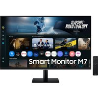 Samsung M7 32" UHD Smart Monitor with slim black bezel, apps displayed on screen, and matching remote control.