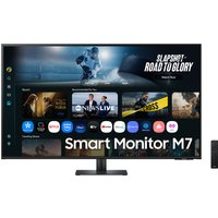 43" Samsung M7 Smart Monitor with UHD display, slim black bezel, and central stand, showcasing streaming apps.