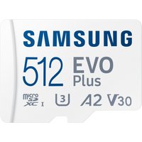 Samsung 512 GB EVO Plus MicroSDXC card, white with blue and gray text, UHS-I, A2, V30 speed class symbols.