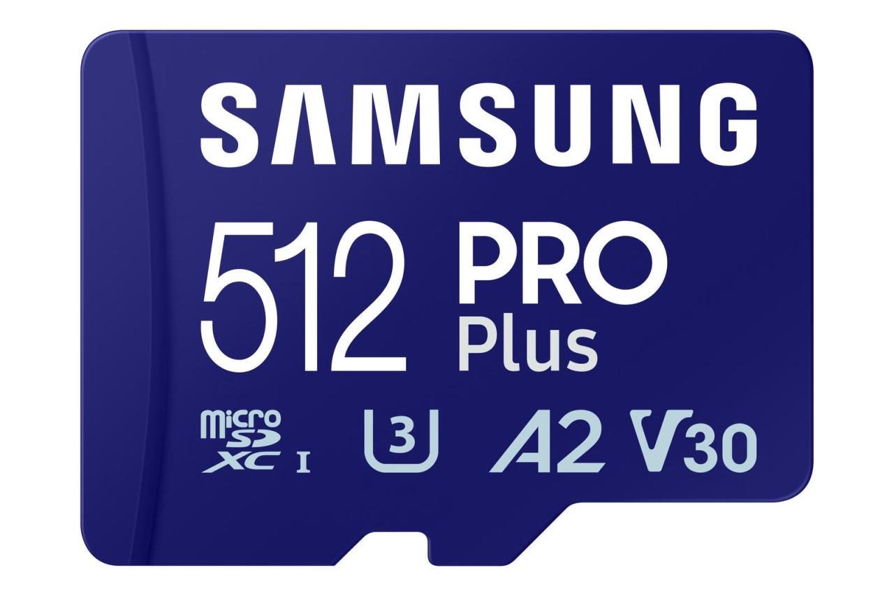 Samsung 512GB PRO Plus MicroSDXC card in blue with white text, featuring Class 10 UHS-I U3 and A2 V30 ratings, includes an SD adaptor for versatility.