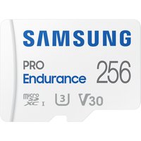 White Samsung PRO Endurance 256GB MicroSDXC card with blue and gray text, UHS-I, U3, V30 logos.