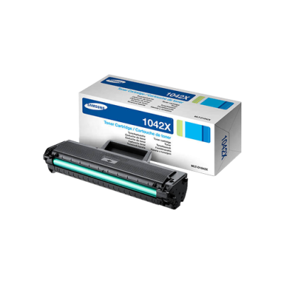 Black Samsung toner cartridge with a green stripe, packaged in a white box featuring blue and green accents, labeled MLT-D1042X/ELS/1042X, capable of printing 700 pages.