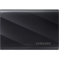 Black Samsung 4 TB USB Type-C SSD with textured diagonal lines and Samsung logo in bottom right corner.
