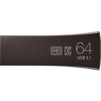Sleek silver Samsung USB flash drive 64GB with USB 3.1, compact design, and branding on the side.
