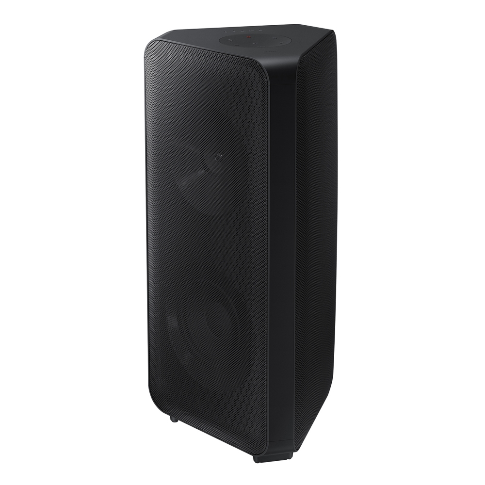 Samsung MX-ST90B sound tower in sleek black, featuring a textured surface, dual front speakers, and a compact design, ideal for powerful bass and party audio.