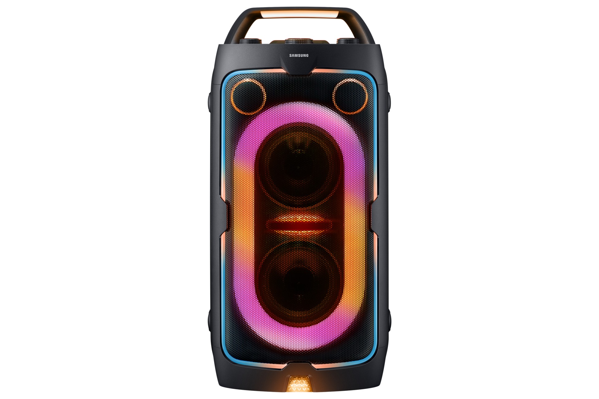 Samsung Business ST40F Sound Tower in black with vibrant LED lights, dual speakers, and a sturdy handle for portability, delivering 160W of powerful sound.