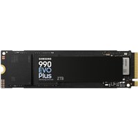 Black Samsung M.2 NVMe SSD with gold connector, labeled "990 EVO Plus 2TB" on the front.