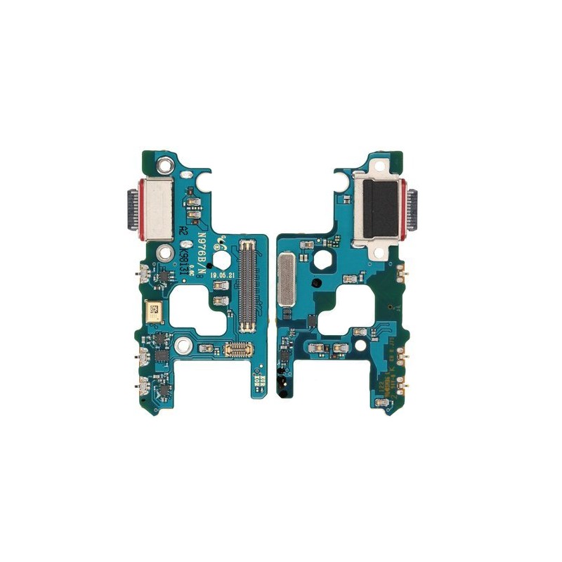 Samsung N975 Note 10 Plus motherboard featuring a blue-green circuit board with various chips, connectors, and components, showcasing intricate electronic details.