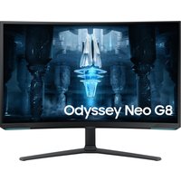 Samsung Neo G8 monitor, 32-inch, 4K Ultra HD, black frame, white back, curved screen, Odyssey Neo G8 branding.